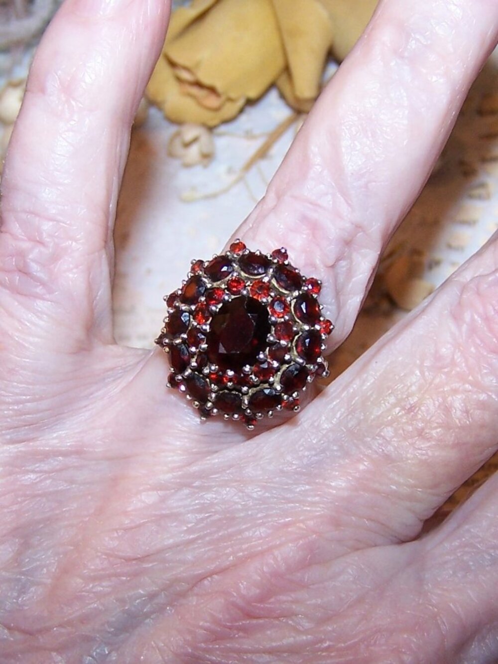 Sterling Silver Vermeil Garnet Cluster Cocktail Ring - Size 6.5